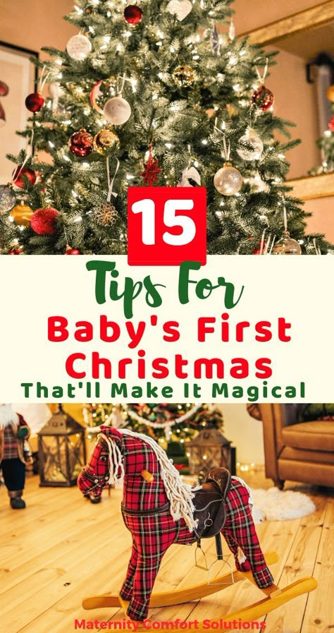 15 Tips for Baby's First Christmas #baby #Christmas #firstchristmas via @MaternityComfortSolutions Baby's First Christmas Ideas, 11 Month Old First Christmas, Baby's First Christmas Gifts, Baby Activities, Christmas Pregnancy, Baby Sleep Problems, Baby Christmas Gifts, Baby Tips, Baby Christmas