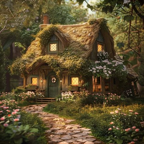 Fairy Cabin Aesthetic, Cute Cottage In Forest, Mystical Cottage In The Forest, Rustic Village House, Magical Cabin In The Woods, Forest Cottage Exterior, Little House In The Big Woods, House In Nature Aesthetic, Witch Cottage House