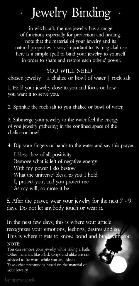 Here is a simple Jewelry Binding Spell for all wiccans and magick practitioners who are fond and confortable with wearing enchanted jewelries and alikewicca witchcraft binding jewelry spell bindingspell bracelet magic magick Spell For Jewelry, Witchcraft Spells That Work, Real Witchcraft Spells, Ring Protection Spell, Locating Spell, Witchcraft Jewelry Enchantment, Magic Ring Spell, Familiar Protection Spell, Spell For Understanding