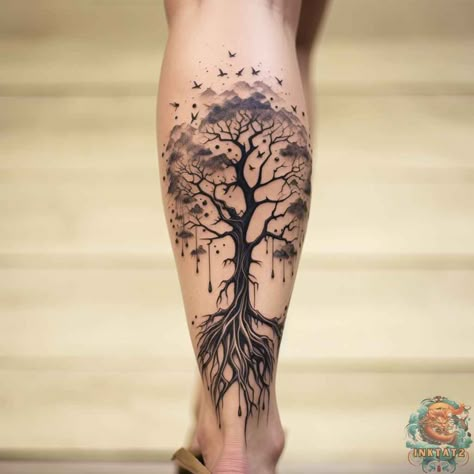 The Fascinating World of Tree Leg Tattoos – 50 Designs - inktat2.com Tree Leg Tattoo, Calf Tattoos For Women, Back Of Leg Tattoos, Roots Tattoo, Leg Tattoo Ideas, Muster Tattoos, Tree Tattoo Designs, Leg Tattoos Women, Tatuaje A Color