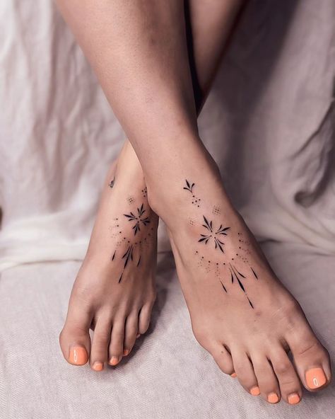 Pretty feet 🌿 (so hard to get nice photos of feet) . . . #tattoo #synmmetry #symmetrical #ornamentaltattoo #ornamental #feettattoos… | Instagram Feet Ankle Tattoos, Ornamental Ankle Tattoo Design, Both Feet Tattoos For Women, Henna Tattoo Feet Design, Fine Line Feet Tattoos, Minimal Ornamental Tattoo, Feet Ornamental Tattoo, Fine Line Foot Tattoos For Women, Tattoo On Feet For Women