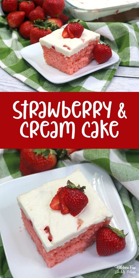 Strawberry and Cream Cake is a quick and easy homemade cake recipe with fresh strawberries and a delicious cream cheese frosting. Strawberry Cake With Cream Frosting, Strawberries And Cream Cake Recipe, Strawberry Cake With Cream Cheese Frosting, Strawberry And Cream Cake, Strawberries And Cream Cake, Homemade Cake Recipe, Cream Jello, Strawberry Cream Cake, Strawberry Cream Cakes