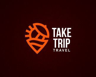 Take Trip Travel - Logo Design - Logomark, Logotype, Vacation, Sun, Parasol, Sea, Beach, Map Marker, Clever, Dark, Orange, Brown, White Travel Fashion Airport, Map Logo, Green Branding, News Logo, Travel Scrapbook Pages, Sun Parasol, Map Marker, Logo Luxury, Travel Logo