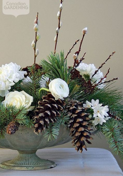 Canadian Gardening, Christmas Floral Designs, Winter Flower Arrangements, Winter Floral Arrangements, Flowers Winter, Winter Arrangements, Winter Centerpieces, Christmas Flower Arrangements, Diy Arrangements