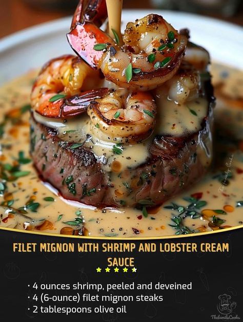 Luna Morales - My recipe for Steak with Shrimp & Lobster... Steak Oscar With Lobster, Lamb And Lobster Dinner, Steak With Shrimp, Steak And Lobster Dinner, Pan Seared Filet Mignon, Steak Toppings, Recipe For Steak, Lobster Cream Sauce, Sunday Meals