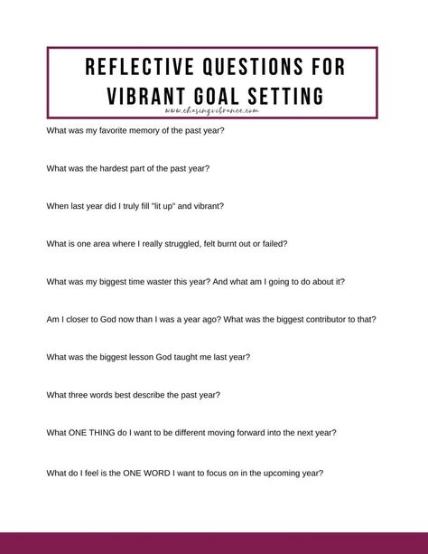 Reflective Questions for Vibrant Goal Setting in the new year. Use alongside my goal setting worksheet! Free pdf download! #goalsetting #goalsettingworksheet New Years Goal Setting Worksheet, Goal Setting For Families, Questions For Goal Setting, New Year Goal Setting Template, Goal Setting Party, Goal Setting Prompts, New Year Planning Goal Settings, Goal Setting Worksheet Printables Free, Goal Questions