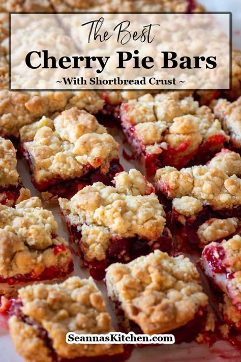 Craving cherry pie but short on time? Use our shortcuts and make some insanely delicious Cherry Pie Bars! Think buttery shortbread crust, canned cherry pie filling, and a delicious crisp topping - summer dessert made easy! Cherry Pie Squares With Crumb Topping, Cherry Pie Squares, Cherry Pie Filling Bars, Cherry Crisp With Pie Filling, Cherry Cobbler With Pie Filling, Cherry Pie Filling Recipes Easy, Cherry Oatmeal Bars, Canned Cherry Pie Filling, Cherry Pie Bars Recipe