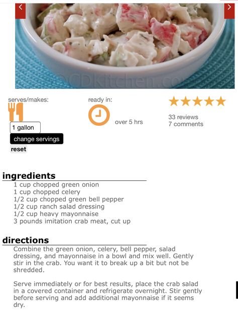 Golden Corral Crab Salad, Golden Corral Crab Salad Recipe, Crab Dip Cold, Flake Recipes, Cottagecore Recipes, Golden Corral, Crab Salad Recipe, Sea Food Salad Recipes, Ranch Salad Dressing