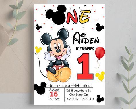 Description: 1st Birthday ONLY! Editable Mickey Mouse Birthday Invitation -This is a DIY (do it yourself) invitation template -Easy to edit birthday template, just add your child's name and age, along with party details! -Instant download, no physical item will be mailed.   Please read the entire listing description for information about this listing. ✨Editable 5x7 Mickey Birthday Invitation. Once this is purchased, you will have instant lifetime access to your birthday invitation! Download the Mickey Mouse First Birthday Invitations, Imprimibles Mickey Mouse, Mickey Mouse Birthday Invitation, Invitation Mickey Mouse, Mickey Invitations, Mickey 1st Birthdays, Mickey Mouse Birthday Invitations, Mickey Mouse Invitations, Mickey Mouse Invitation