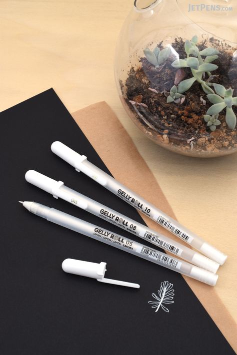 The classic Sakura White Gelly Roll Gel Pen now comes in additional tip sizes! White Ink Pen, Journaling Pens, Pretty School Supplies, Stationery Obsession, White Paint Pen, Cute School Stationary, Art Painting Supplies, Black Paper Drawing, Pretty Pens