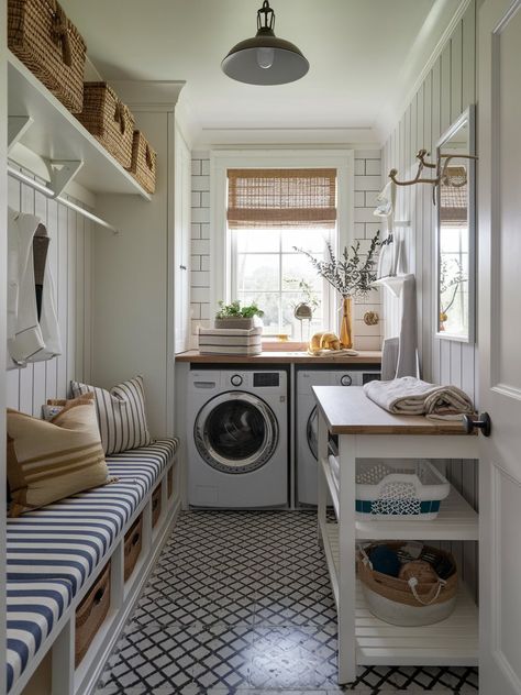 21 Narrow Laundry Room Ideas – The DIY Desire Small Laundry Room With Drying Rack, Sunroom With Laundry Room, Small Mudroom Laundry Room Ideas, Small Narrow Laundry Room Ideas, Narrow Utility Room, Narrow Utility Room Ideas, Narrow Laundry Room Ideas, Small Window Treatments, Small Laundry Area