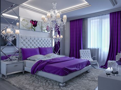 Elegant purple designed bedroom chandelier Room Color Ideas Bedroom, Purple Bedroom Design, Lavender Bedroom, Purple Bedroom Decor, Elegant Bedroom Design, Purple Room Decor, Bedroom Purple, Purple Bedrooms, Purple Bedroom