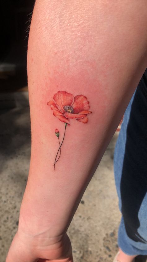 Water Colour Poppy Tattoo, Poppy Flower Tattoo With Words, Whimsical Poppy Tattoo, Watercolor Poppies Tattoo, Watercolour Poppy Tattoo, Single Poppy Tattoo, Poppy Tattoos For Women, Ca Poppy Tattoo, Poppy Tattoo Color