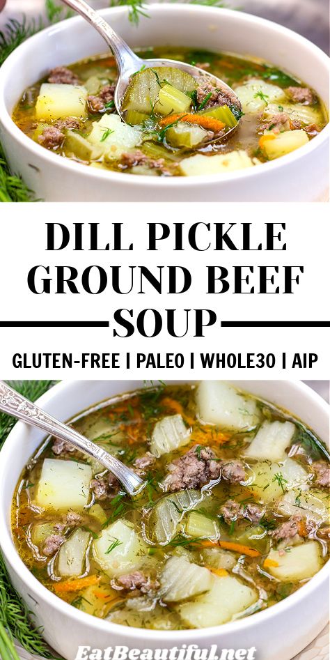 Dill Pickle-Ground Beef Soup is the perfect bowl of comfort food each fall, winter and spring -- when we want hearty food that's also fun and light! | great fall soup recipes | great soups for fall | great fall soups | best winter soups | best winter soup recipes | best winter soup recipes healthy | paleo soup recipes | whole30 soup | whole30 soup recipes | aip soup | aip soup recipes | best gluten free recipes | gluten free soup recipes Aip Beef Vegetable Soup, Gf And Df Soup Recipes, Dill Pickle Soup With Ground Beef, Aip Soup Recipes, Winter Soup Recipes Healthy, Best Winter Soup Recipes, Paleo Soup Recipes, Gluten Free Soup Recipes, Aip Soup