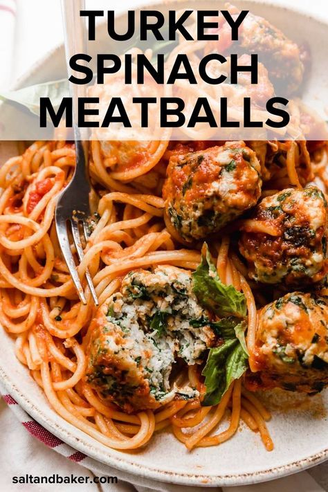 Spinach Garlic Baked Turkey Meatballs, Turkey Meatballs For Spaghetti, Spaghetti And Turkey Meatball Recipes, Healthy Spaghetti And Meatballs, Turkey Italian Meatballs, Turkey Meatballs And Spaghetti, Turkey Meatballs With Spinach, Turkey Meatball Spaghetti, Spinach Turkey Meatballs