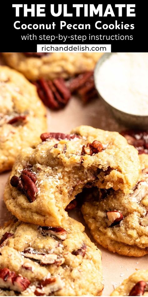 Coconut Pecan Cookies Recipes, Chewy Coconut Pecan Cookies, Coconut Pecan Cookies Chewy, Affordable Desserts, Coconut Chewies, Pecan Coconut Cookies, Coconut Sweets, Rum Cookies, Pecan Recipe