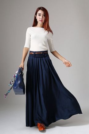 Navy Blue Pleated Skirt Classic Long Maxi Full Flared by xiaolizi Solid Maxi Skirt Outfit, How To Style Navy Blue Skirt, Maxi Skirt Wedding Guest Outfit, Navy Long Skirt Outfit, Navy Blue Maxi Skirt Outfit, Navy Blue Long Skirt Outfit, Long Navy Skirt Outfit, Long Skirt Outfits For Work, Navy Maxi Skirt Outfit