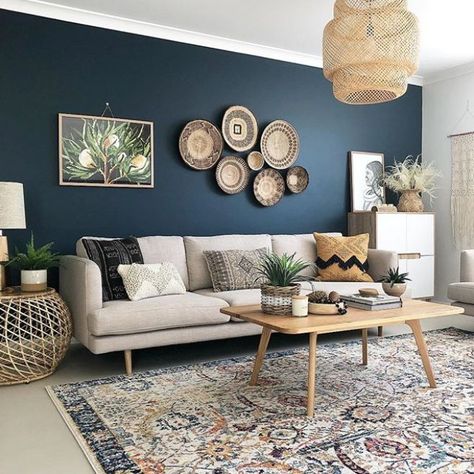 Interior Design Living Room Warm, Blue Accent Walls, Living Room Warm, Interior Vintage, 카페 인테리어 디자인, Hus Inspiration, Bohemian Living Room, Blue Living Room, Transitional Rugs