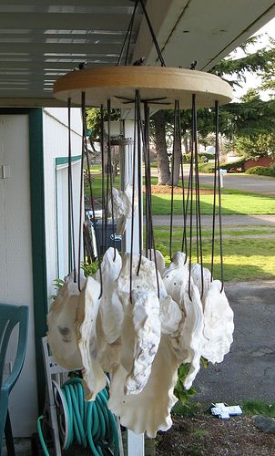 oyster shell wind chimes❦                                                                                                                                                                                 More Oyster Shell Candle Holder, Oyster Shells Diy, Oyster Shell Mirror, Oyster Shells Decor, Carillons Diy, Shell Candle Holder, Shell Wind Chimes, Art Coquillage, Oyster Shell Crafts