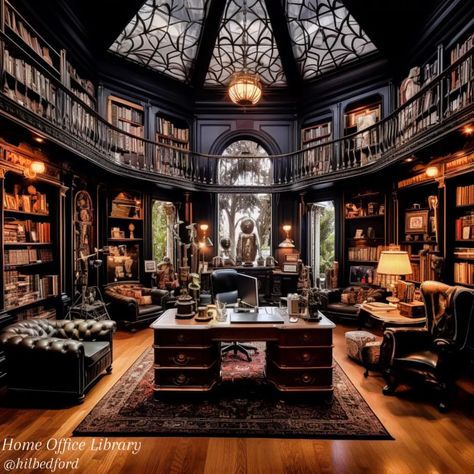 Gothic & Witchy Vibes on Instagram: “Dream home 🖤 Credits: @hilbedford” Wizard Home Decor, Dark Victorian House Interior Design, Gothic Home Library, Mansion Study Room, Big Home Library, Gothic Mansion Interior, Gothic Victorian House Interior, Alien Building, Tower Library