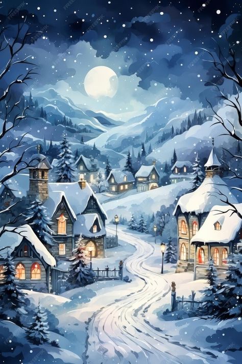 Premium Photo | A Painting of a Snowy Village at Night Generative AI Christmas Village Illustration Winter Scenes, Snowy Village Illustration, Zion Watercolor, Christmas Village Painting, Winter House Illustration, Winter Village Painting, Winter Landscape Illustration, Village At Night, Impressionist Watercolor