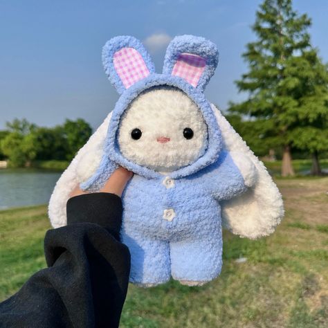 blue bunny onesie 🐰🩵 available on my etsy 🫧 made using my onesie bunny pattern ☁️ tags 🏷️ #crochet #crochetbunny #amigurumi #amigurumibunny #crochetplushie #crochetplush #handmadeplush #bunnyplush Onesie Crochet Pattern Free, Crochet Bunny With Clothes, Free Crochet Bunny Pattern, Plushie Crochet Pattern Free, Crochet Patterns Plushies, Blue Amigurumi, Bunny Onesie, Quick Crochet Projects, Crochet Plushies