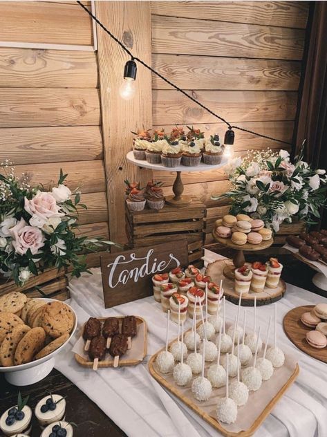 Dessert Tables Ideas Wedding, Boho Wedding Treat Table, Party Food Organization Ideas, Wedding Dessert Table Display Ideas, Dessert Bar Table Ideas, Non Wedding Cake Ideas Dessert Tables, Dessert Table Ideas Bridal, Desserts Display Ideas, Donut Stand Wedding Display Ideas