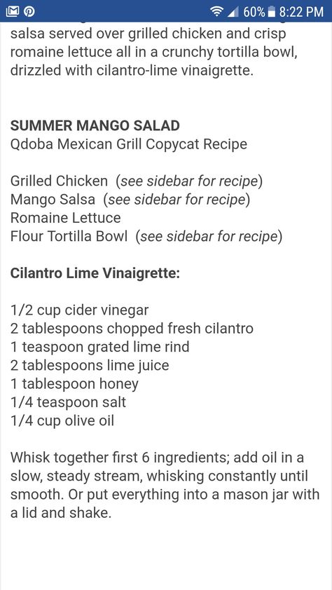 Citrus Lime Vinaigrette Qdoba, Cilantro Lime Vinaigrette Recipe, Cilantro Lime Vinaigrette, Tortilla Bowls, Cilantro Lime Dressing, Vinaigrette Recipe, Lime Vinaigrette, Vinaigrette Recipes, Mango Salad