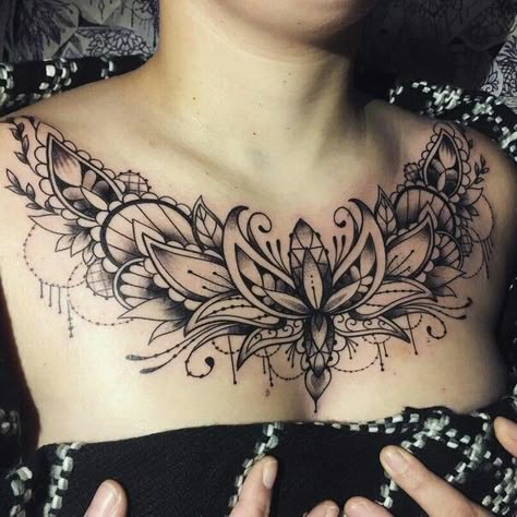 Mandala Chest Tattoo Female, Lotus Flower Chest Tattoo, Chest Tattoo Stars, Chest Piece Tattoos For Women, Vacation Tattoos, Mandala Chest Tattoo, Chest Tattoo Designs Female, Chest Neck Tattoo, Chest Tattoo Female Upper