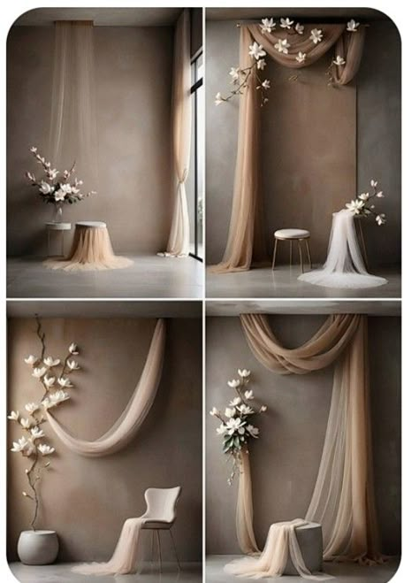 Photoshoot With Curtains, Bridal House Decoration, Christmas Photoshoot Decor Ideas, Beige Backdrop Photoshoot, Studio Photoshoot Setup, Photoshoot Backdrop Ideas Fashion, Bridal Studio Interior, Photoshoot Studio Background, Minimalist Photo Studio