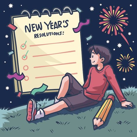 Free vector hand drawn new year's resolu... | Free Vector #Freepik #freevector #new-year-resolution #new-year-illustration #happy-new-year-2022 #new-year-2022 Year Wallpaper, Cat Presents, Neural Art, Wallpaper 2024, Snowy Christmas Tree, New Year Resolutions, Christmas Landscape, New Year Wallpaper, Christmas Tree Art