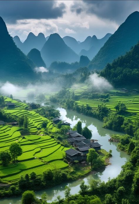 China Countryside, Countryside Village, Japanese Countryside, Devi Images Hd, Green Moon, Rice Fields, Chinese Landscape, Nature View, Countries Around The World