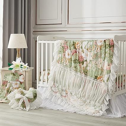 Vintage Crib Sheet and Tulle Lace Crib Bed Skirt, Green White. 100% GOTS certified organic cotton, healthy and cozy *6-piece girls nursery bedding set includes: baby comforter(45"*36"), floral crib sheet, Shimmer tulle dust ruffle with 16" drop *UNIQUE DESIGN: Elevate the nursery with the Fine Elegant look of organic cotton. Beautiful hues and shabby chic styling give this supersoft collection its tailored, timeless appeal. Instantly update their nursery with our bedding:) Crib comforter is lu Crib Bed Skirt, Floral Crib Bedding, Floral Crib Sheet, Girl Nursery Bedding, White Crib, Baby Crib Bedding Sets, Girls Bedding Sets, Toddler Bed Set, Girl Cribs