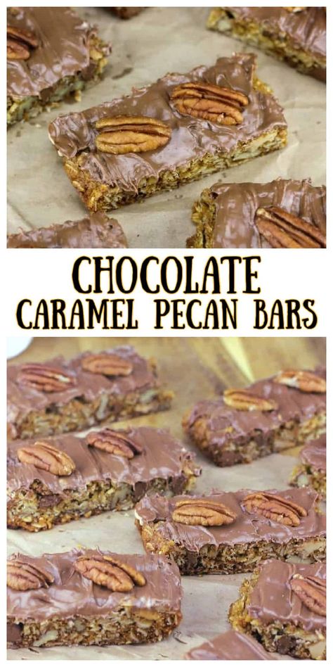 Caramel Pecan Chocolate Chip Oat Cookie Bars - If you love the combination of buttery caramel, divine chocolate, crunchy pecans all in an oatmeal cookie bar, you're gonna love these for sure!  #caramel #pecan #chocolatechip #bars #oat #cookiebars #oatmealbars #chocolate #flahavan's #snack #treat #breakfast Chocolate Caramel Dessert Recipes, Chocolate Oat Bars, Low Carb Granola Bars, Caramel Dessert Recipes, Oatmeal Cookie Bars, Pecan Chocolate, Cookie Recipes From Scratch, Plain Cookies, Pecan Bars