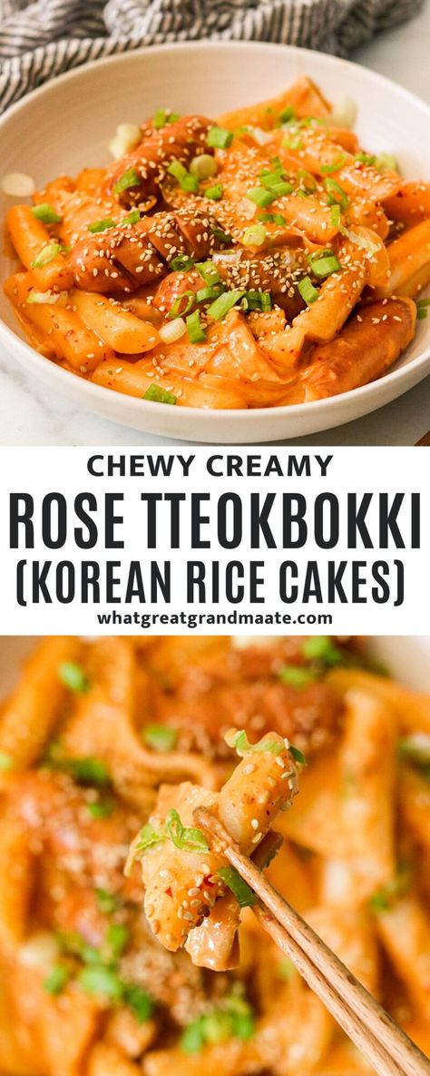 A popular and trendy fusion dish, this Rose Tteokbokki features chewy rice cakes in a creamy, cheesy, and mildly spicy Korean rosé sauce. It’s full of flavor, ready in 30 minutes, and has a dairy free and gluten free option! Non Spicy Tteokbokki Recipe, Gluten Free Tteokbokki, Rose Teokkboki Recipes, Asian Rice Cakes, Rice Cakes Toppings Savory, Rose Toppoki, Rose Tteokbokki Recipe, Rice Cake Recipes Korean, Gluten Free Korean Recipes