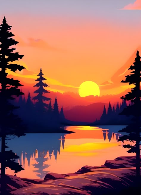 https://www.redbubble.com/i/art-board-print/Add-a-Touch-of-Beauty-and-Tranquility-to-Your-Home-with-Our-Wide-Range-of-Gorgeous-Minimalist-Landscape-and-Lake-Sunrise-Prints/137888694.TR477?asc=u Wide Landscape Paintings, Digital Art Scenery Landscapes, Sunrise Painting Simple, Mountain Sunrise Painting, Vector Art Landscape, Sunset Mountain Painting, Sunrise Mural, Lake Mural, Sunrise Art Painting