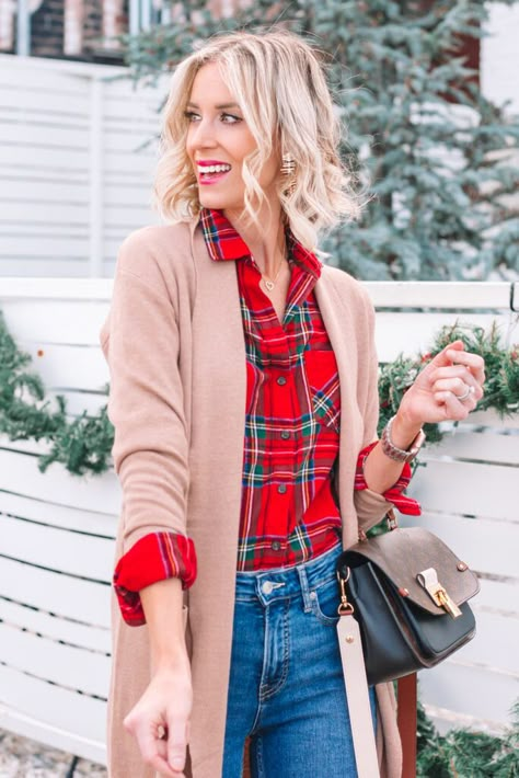 Red Plaid Flannel Shirt Outfit, Plaid Shirt Under Sweater Outfit, Red And Green Plaid Shirt Outfit, Jcrew Plaid Shirt Outfit, Christmas Plaid Shirt Outfit, Plaid Shirt Sweater Outfit, Style Red Plaid Shirt, Red Tartan Shirt Outfit Women, Green And Navy Plaid Shirt Outfits