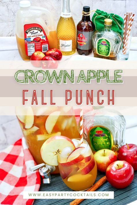 Sparkling Fall Punch Cocktail For A Crowd, Crown Royal Recipes, Fall Punch, Crown Royal Apple, Crown Apple, Apple Cider Punch, Thanksgiving Punch, Fall Drink Recipes, Apple Whiskey