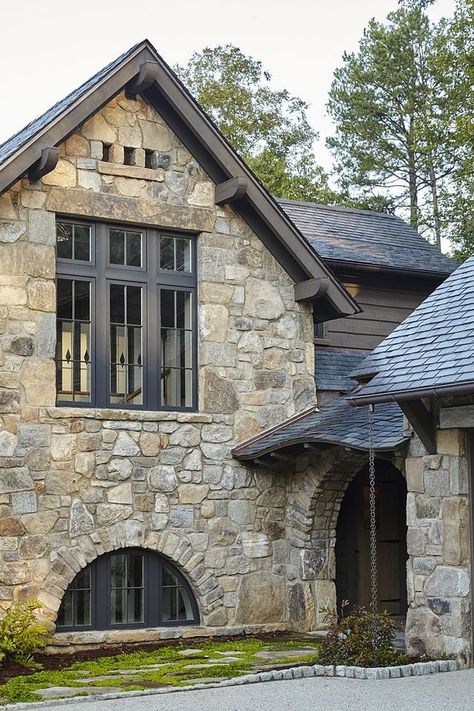 Exposed Brick House Exterior, House With Black Windows, Stone Exterior Houses, Lake Houses Exterior, Stone Cottages, Stone Interior, Farmhouse Aesthetic, Black Windows, House On The Rock