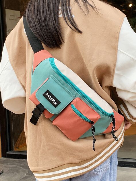 Multicolor Preppy Collar  Polyamide Colorblock,Letter Bum Bag Embellished   Women Bags Color Block Bag, Waist Bags For Women, Waist Bag Women, Fanny Pack Women, Banana Bag, Fanny Bag, Novelty Bags, Style Preppy, Fabric Accessories