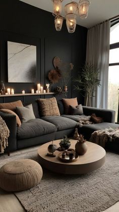 Chic Boho Home Decor, Dark Boho Chic Living Room, Dark Lounge Room Ideas Cozy, Moody Bohemian Decor, Dark Moody Cabin Interior, Decorating A Dark Room, Mystical Living Room Ideas, Dark And Light Interior Design, Earthy Bohemian Living Room