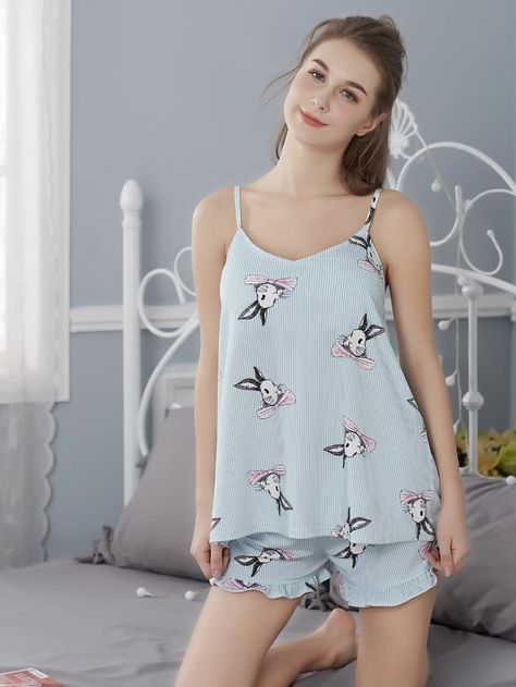 Rabbit Print Cami Top & Shorts PJ Set -SheIn(Sheinside) Short Night Dress, Girls Night Dress, Night Suit For Women, Cotton Night Dress, Cute Sleepwear, Rabbit Pattern, Causal Outfits, Pink Rabbit, Night Dress For Women