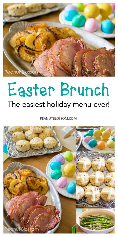 The easiest ever Easter brunch menu includes all our favorite recipes: Pineapple and mustard glazed spiral ham, hot cross biscuits with currants, roasted parmesan asparagus, and hard boiled eggs. The instructions include perfect timing so everything comes hot and fresh to the table at the same time. Love that it all cooks at the same temps!! Easter Brunch Menu Ideas Simple, Glazed Spiral Ham, Easter Brunch Buffet, Easter Brunch Ideas, Easter Brunch Recipes, Yummy Easter Desserts, Recipes Pineapple, Easter Buffet, Easy Easter Brunch