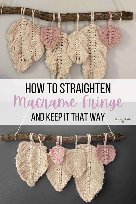 Fringe is almost always part of a piece of macrame art. Learn the best way to straighten macrame fringe and keep it that way Dollar Store Macrame, Beginner Macrame Projects, Hanging Feathers, Future Decor, Art Macramé, Macrame Fringe, Macrame Wall Hanging Tutorial, Macrame Feathers, Free Macrame Patterns