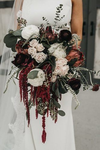 bridal bouquet inspiration | white | cabernet | hunter green | fall tones | cascading bouquet, spray roses |  ranunculus | hanging amaranthus | eucalyptus | scabiosa | veronica | mixed foliage Wildflower Bouquets, Dark Wedding Theme, Cascading Bridal Bouquets, Cascading Wedding Bouquets, Winter Wedding Bouquet, Autumn Bride, Dark Wedding, Cascade Bouquet, Fall Wedding Bouquets