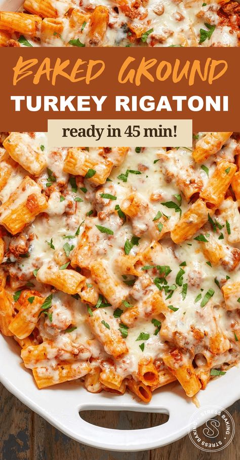 Turkey Rigatoni Recipes, Turkey Ziti Bake, What To Cook With Turkey Ground Meat, One Pot Pasta Ground Turkey, Pasta Turkey Recipes, Turkey Ground Meat Recipes Easy, Baked Ziti Ground Turkey, Healthy Baked Ziti Recipe Ground Turkey, Turkey Healthy Meals