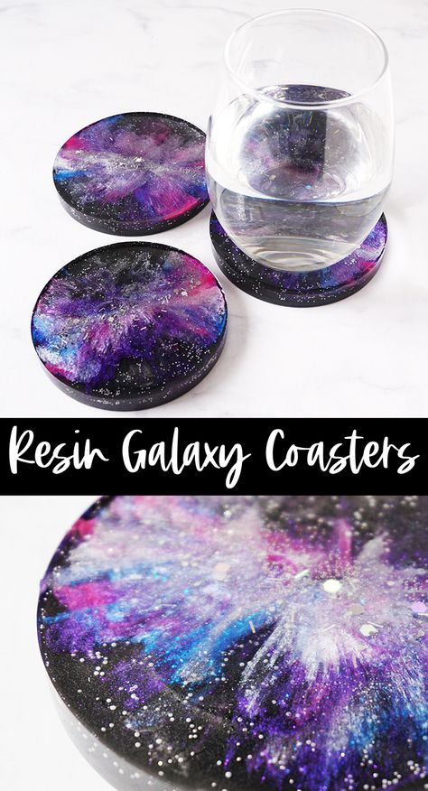 Resin Galaxy Coasters Epoxy Resin Color Combinations, Resin Art Coasters Diy, Resin Business Ideas, Galaxy Resin Art, Galaxy Epoxy, Epoxy Resin Art Ideas, Galaxy Coasters, Resin Art For Beginners, Resin Art Ideas