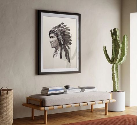 This striking illustration of a Native American Chief in headdress is the perfect decor for any western, southwestern, or ranch style home. Hang it solo for a bold statement, or add it as part of a cowboys and Indians theme. Also makes a great gift for someone into Native American culture and design.  This poster is printed on a high quality matte paper with a paper thickness of 10.3 mil. (No frame included) Sizes come in most standard vertical frame sizes, including: - 11x14 - 12x16 - 12x18 - 1 Vintage Native American Art, Modern Native American Decor, Mid Century Modern Western Decor, Southwestern Accent Wall, Southwestern Decorating Bedroom, South Western Decor Living Rooms, Native American Decor Living Room, Native American Interior, Native American Interior Design