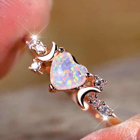 Sparkling Heart shaped Opal Ring Elegant Women's Wedding - Temu Colored Wedding Bands, Stone Ring Design, Opal Stone Ring, Heart Shaped Engagement Rings, Ring Elegant, Gold Color Ring, Vintage Rose Gold, Engagement Rings Opal, Bridal Bands