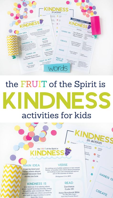 Looking for ways to point your kids to Jesus? The Fruit of the Spirit is KINDNESS Kids Activities pack is full of simple ideas to teach kids what love is in an engaging way. This hands on study of Galatians 5:22-23 is aimed to help your family connect, play, learn, and grow in God’s Word together. Fruit Of The Spirit Activities, Fruit Of The Spirit Lessons, Kindness Activities For Kids, Games Activities For Kids, Kindness Lessons, Kindness For Kids, Activity Day Girls, Waldorf Homeschool, The Fruit Of The Spirit